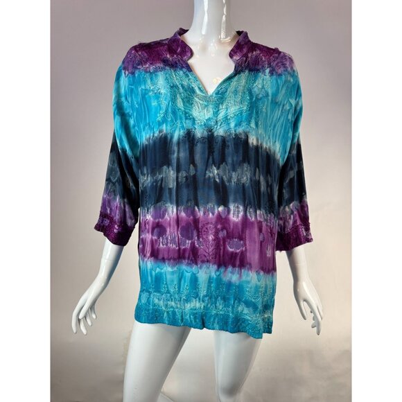 Vintage Indian Tropical Fashion Tie-Dye Tunic Top One Size 100% Rayon Embroidere - Picture 1 of 16